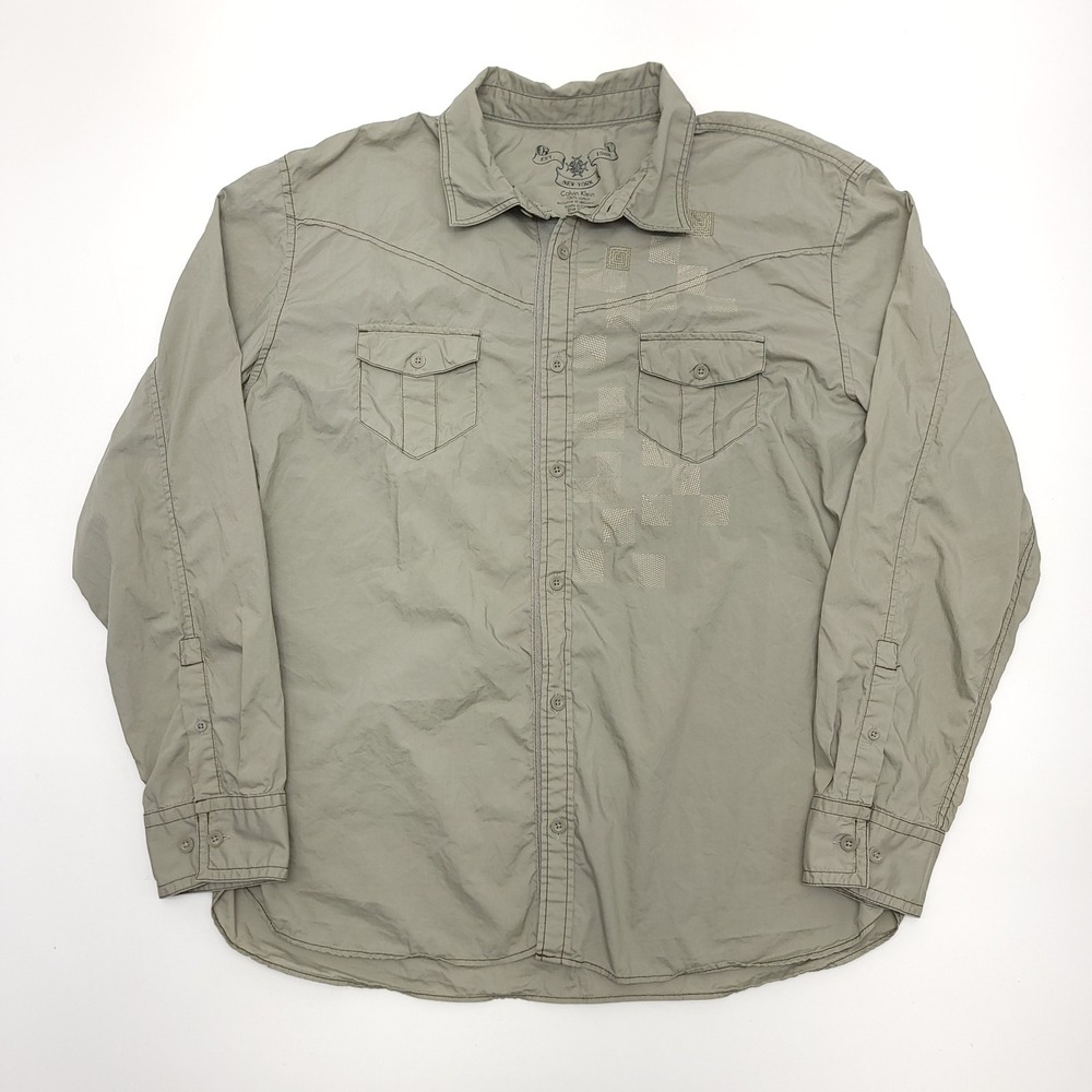 Calvin Klein Mens XXL Modern Fit Khaki Tan Cotton Western Button Up Shirt